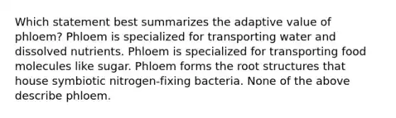 Which statement best summarizes the adaptive value of phloem? Phloem is specialized for transporting water and dissolved nutrients. Phloem is specialized for transporting food molecules like sugar. Phloem forms the root structures that house symbiotic nitrogen-fixing bacteria. None of the above describe phloem.