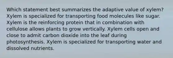 Which statement best summarizes the adaptive value of xylem? Xylem is specialized for transporting food molecules like sugar. Xylem is the reinforcing protein that in combination with cellulose allows plants to grow vertically. Xylem cells open and close to admit carbon dioxide into the leaf during photosynthesis. Xylem is specialized for transporting water and dissolved nutrients.