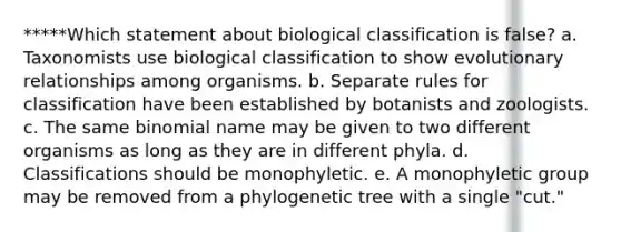 *****Which statement about biological classification is false? a. Taxonomists use biological classification to show evolutionary relationships among organisms. b. Separate rules for classification have been established by botanists and zoologists. c. The same binomial name may be given to two different organisms as long as they are in different phyla. d. Classifications should be monophyletic. e. A monophyletic group may be removed from a phylogenetic tree with a single "cut."