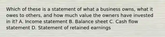 Which of these is a statement of what a business owns, what it owes to others, and how much value the owners have invested in it? A. Income statement B. Balance sheet C. Cash flow statement D. Statement of retained earnings