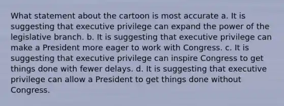 What statement about the cartoon is most accurate a. It is suggesting that executive privilege can expand the power of the legislative branch. b. It is suggesting that executive privilege can make a President more eager to work with Congress. c. It is suggesting that executive privilege can inspire Congress to get things done with fewer delays. d. It is suggesting that executive privilege can allow a President to get things done without Congress.