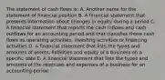 The statement of cash flows is: A. Another name for the statement of financial position B. A financial statement that presents information about changes in equity during a period C. A financial statement that reports the cash inflows and cash outflows for an accounting period and that classifies those cash flows as operating activities, investing activities or financing activities D. A financial statement that lists the types and amounts of assets, liabilities and equity of a business on a specific date E. A financial statement that lists the types and amounts of the revenues and expenses of a business for an accounting period