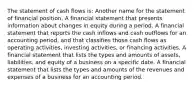 The statement of cash flows is: Another name for the statement of financial position. A financial statement that presents information about changes in equity during a period. A financial statement that reports the cash inflows and cash outflows for an accounting period, and that classifies those cash flows as operating activities, investing activities, or financing activities. A financial statement that lists the types and amounts of assets, liabilities, and equity of a business on a specific date. A financial statement that lists the types and amounts of the revenues and expenses of a business for an accounting period.