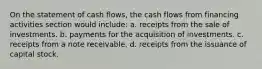 On the statement of cash flows, the cash flows from financing activities section would include: a. receipts from the sale of investments. b. payments for the acquisition of investments. c. receipts from a note receivable. d. receipts from the issuance of capital stock.