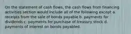 On the statement of cash flows, the cash flows from financing activities section would include all of the following except a. receipts from the sale of bonds payable b. payments for dividends c. payments for purchase of treasury stock d. payments of interest on bonds payabled.