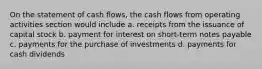 On the statement of cash flows, the cash flows from operating activities section would include a. receipts from the issuance of capital stock b. payment for interest on short-term notes payable c. payments for the purchase of investments d. payments for cash dividends