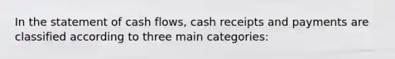 In the statement of cash flows, cash receipts and payments are classified according to three main categories: