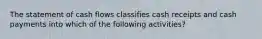 The statement of cash flows classifies cash receipts and cash payments into which of the following activities?