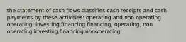 the statement of cash flows classifies cash receipts and cash payments by these activities: operating and non operating operating, investing,financing financing, operating, non operating investing,financing,nonoperating