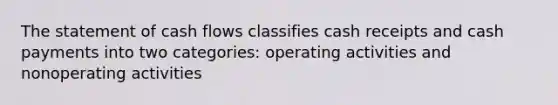 The statement of cash flows classifies cash receipts and cash payments into two categories: operating activities and nonoperating activities