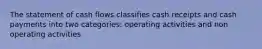 The statement of cash flows classifies cash receipts and cash payments into two categories: operating activities and non operating activities