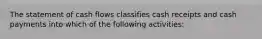 The statement of cash flows classifies cash receipts and cash payments into which of the following activities: