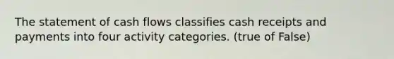 The statement of cash flows classifies cash receipts and payments into four activity categories. (true of False)