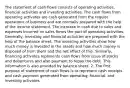 The statement of cash flows consists of operating activities, financial activities and investing activities. The cash flows from operating activates are cash generated from the regular operations of business and are normally prepared with the help of the income statement. The increase in cash due to sales and expenses incurred on sales forms the part of operating activities. Generally, investing and financial activities are prepared with the help of the balance sheet. The investing activities show how much money is invested in the assets and how much money is disposed of from them and the net effect of this. Similarly, financing activates represents cash flows from issue of stocks and debentures and also payment to repay the debt. This information is also provided by balance sheet. 2. The first purpose of statement of cash flows is to represent cash receipts and cash payment generated from operating, financial, and investing activates.