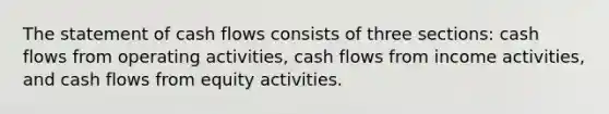 The statement of cash flows consists of three sections: cash flows from operating activities, cash flows from income activities, and cash flows from equity activities.