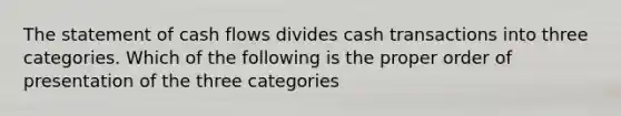 The statement of cash flows divides cash transactions into three categories. Which of the following is the proper order of presentation of the three categories