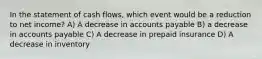 In the statement of cash flows, which event would be a reduction to net income? A) A decrease in accounts payable B) a decrease in accounts payable C) A decrease in prepaid insurance D) A decrease in inventory