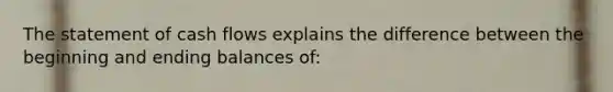 The statement of cash flows explains the difference between the beginning and ending balances of: