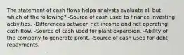 The statement of cash flows helps analysts evaluate all but which of the following? -Source of cash used to finance investing activities. -Differences between net income and net operating cash flow. -Source of cash used for plant expansion. -Ability of the company to generate profit. -Source of cash used for debt repayments.