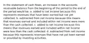 In the statement of cash flows, an increase in the accounts receivable balance from the beginning of the period to the end of the period would be: a. added to net income because this represents revenues that have been earned but not yet collected. b. subtracted from net income because this means that revenues earned and included within net income were more than the cash collected. c. added to net income because this means that revenues earned and included within net income were less than the cash collected. d. subtracted from net income because this represents revenues that have not yet been earned or provided by investing activities.