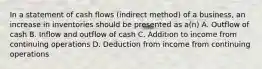 In a statement of cash flows (indirect method) of a business, an increase in inventories should be presented as a(n) A. Outflow of cash B. Inflow and outflow of cash C. Addition to income from continuing operations D. Deduction from income from continuing operations