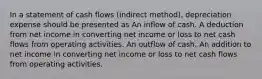 In a statement of cash flows (indirect method), depreciation expense should be presented as An inflow of cash. A deduction from net income in converting net income or loss to net cash flows from operating activities. An outflow of cash. An addition to net income in converting net income or loss to net cash flows from operating activities.