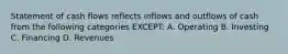 Statement of cash flows reflects inflows and outflows of cash from the following categories EXCEPT: A. Operating B. Investing C. Financing D. Revenues