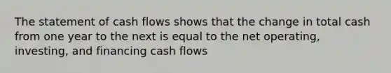 The statement of cash flows shows that the change in total cash from one year to the next is equal to the net operating, investing, and financing cash flows