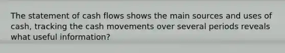 The statement of cash flows shows the main sources and uses of cash, tracking the cash movements over several periods reveals what useful information?