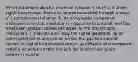 Which statement about a chemical synapse is true? a. It allows signal transmission from one neuron to another through a wave of electrochemical change. b. Its presynaptic component undergoes chemical breakdown in response to a signal, and the breakdown product carries the signal to the postsynaptic component. c. Calcium ions relay the signal generated by an action potential in one neuron across the gap to a second neuron. d. Signal transmission occurs by diffusion of a compound called a neurotransmitter through the intercellular space between neurons.