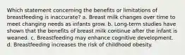 Which statement concerning the benefits or limitations of breastfeeding is inaccurate? a. Breast milk changes over time to meet changing needs as infants grow. b. Long-term studies have shown that the benefits of breast milk continue after the infant is weaned. c. Breastfeeding may enhance cognitive development. d. Breastfeeding increases the risk of childhood obesity.