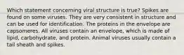 Which statement concerning viral structure is true? Spikes are found on some viruses. They are very consistent in structure and can be used for identification. The proteins in the envelope are capsomeres. All viruses contain an envelope, which is made of lipid, carbohydrate, and protein. Animal viruses usually contain a tail sheath and spikes.