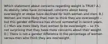 Which statement about concerns regarding weight is TRUE? A.) As obesity rates have increased, concerns about being overweight or obese have declined for both women and men. B.) Women are more likely than men to think they are overweight -- but this gender difference has shrunk somewhat in recent years. C.) Men are more likely than women to be overweight -- so it's not surprising that they have more concerns about their weight. D.) There is not a gender difference in the percentage of women versus men who think they are overweight.