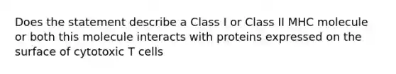 Does the statement describe a Class I or Class II MHC molecule or both this molecule interacts with proteins expressed on the surface of cytotoxic T cells