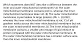 Which statement does NOT describe a difference between the inner and outer mitochondrial membranes? A) The outer mitochondrial membrane contains porins, whereas the inner mitochondrial membrane does not. B) The outer mitochondrial membrane is permeable to large proteins (Mr > 10,000), whereas the inner mitochondrial membrane is not. C) A pH gradient exists across the inner mitochondrial membrane but not the outer mitochondrial membrane. D) The inner mitochondrial membrane contains a smaller percentage of lipid relative to protein compared with the outer mitochondrial membrane. E) The outer mitochondrial membrane has a smaller surface area than the inner mitochondrial membrane.