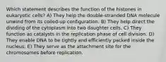 Which statement describes the function of the histones in eukaryotic cells? A) They help the double-stranded DNA molecule unwind from its coiled-up configuration. B) They help direct the dividing of the cytoplasm into two daughter cells. C) They function as catalysts in the replication phase of cell division. D) They enable DNA to be tightly and efficiently packed inside the nucleus. E) They serve as the attachment site for the chromosomes before replication.