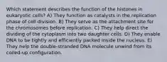 Which statement describes the function of the histones in eukaryotic cells? A) They function as catalysts in the replication phase of cell division. B) They serve as the attachment site for the chromosomes before replication. C) They help direct the dividing of the cytoplasm into two daughter cells. D) They enable DNA to be tightly and efficiently packed inside the nucleus. E) They help the double-stranded DNA molecule unwind from its coiled-up configuration.