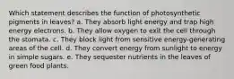 Which statement describes the function of photosynthetic pigments in leaves? a. They absorb light energy and trap high energy electrons. b. They allow oxygen to exit the cell through the stomata. c. They block light from sensitive energy-generating areas of the cell. d. They convert energy from sunlight to energy in simple sugars. e. They sequester nutrients in the leaves of green food plants.