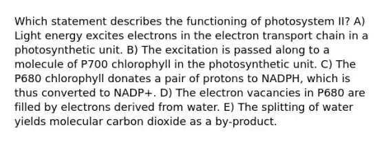 Which statement describes the functioning of photosystem II? A) Light energy excites electrons in <a href='https://www.questionai.com/knowledge/k57oGBr0HP-the-electron-transport-chain' class='anchor-knowledge'>the electron transport chain</a> in a photosynthetic unit. B) The excitation is passed along to a molecule of P700 chlorophyll in the photosynthetic unit. C) The P680 chlorophyll donates a pair of protons to NADPH, which is thus converted to NADP+. D) The electron vacancies in P680 are filled by electrons derived from water. E) The splitting of water yields molecular carbon dioxide as a by-product.