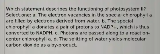 Which statement describes the functioning of photosystem II? Select one: a. The electron vacancies in the special chlorophyll a are filled by electrons derived from water. b. The special chlorophyll a donates a pair of protons to NADP+, which is thus converted to NADPH. c. Photons are passed along to a reaction-center chlorophyll a. d. The splitting of water yields molecular carbon dioxide as a by-product.