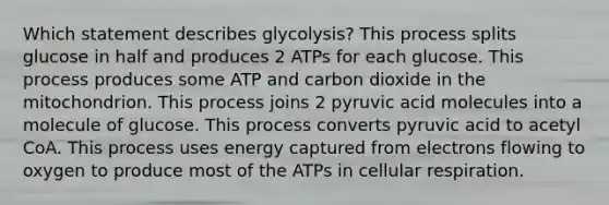 Which statement describes glycolysis? This process splits glucose in half and produces 2 ATPs for each glucose. This process produces some ATP and carbon dioxide in the mitochondrion. This process joins 2 pyruvic acid molecules into a molecule of glucose. This process converts pyruvic acid to acetyl CoA. This process uses energy captured from electrons flowing to oxygen to produce most of the ATPs in <a href='https://www.questionai.com/knowledge/k1IqNYBAJw-cellular-respiration' class='anchor-knowledge'>cellular respiration</a>.