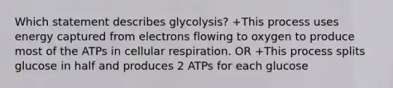 Which statement describes glycolysis? +This process uses energy captured from electrons flowing to oxygen to produce most of the ATPs in cellular respiration. OR +This process splits glucose in half and produces 2 ATPs for each glucose