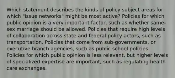 Which statement describes the kinds of policy subject areas for which "issue networks" might be most active? Policies for which public opinion is a very important factor, such as whether same-sex marriage should be allowed. Policies that require high levels of collaboration across state and federal policy actors, such as transportation. Policies that come from sub-governments, or executive branch agencies, such as public school policies. Policies for which public opinion is less relevant, but higher levels of specialized expertise are important, such as regulating health care exchanges.