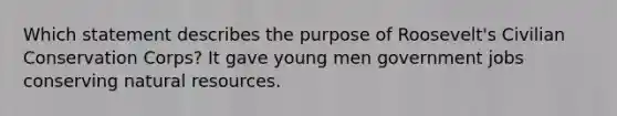 Which statement describes the purpose of Roosevelt's Civilian Conservation Corps? It gave young men government jobs conserving natural resources.