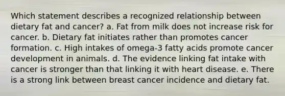 Which statement describes a recognized relationship between dietary fat and cancer? a. Fat from milk does not increase risk for cancer. b. Dietary fat initiates rather than promotes cancer formation. c. High intakes of omega-3 fatty acids promote cancer development in animals. d. The evidence linking fat intake with cancer is stronger than that linking it with heart disease. e. There is a strong link between breast cancer incidence and dietary fat.