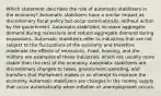 Which statement describes the role of automatic stabilizers in the economy? Automatic stabilizers have a similar impact as discretionary fiscal policy but occur automatically, without action by the government. Automatic stabilizers increase aggregate demand during recessions and reduce aggregate demand during expansions. Automatic stabilizers refer to industries that are not subject to the fluctuations of the economy and therefore moderate the effects of recessions. Food, housing, and the military are examples of these industries, which are usually more stable than the rest of the economy. Automatic stabilizers are discretionary changes to taxes, government spending, and transfers that Parliament makes in an attempt to improve the economy. Automatic stabilizers are changes in the money supply that occur automatically when inflation or unemployment occurs.