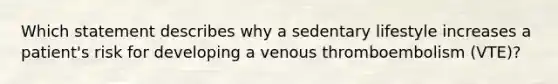 Which statement describes why a sedentary lifestyle increases a patient's risk for developing a venous thromboembolism (VTE)?