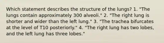 Which statement describes the structure of the lungs? 1. "The lungs contain approximately 300 alveoli." 2. "The right lung is shorter and wider than the left lung." 3. "The trachea bifurcates at the level of T10 posteriorly." 4. "The right lung has two lobes, and the left lung has three lobes."