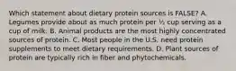 Which statement about dietary protein sources is FALSE? A. Legumes provide about as much protein per ½ cup serving as a cup of milk. B. Animal products are the most highly concentrated sources of protein. C. Most people in the U.S. need protein supplements to meet dietary requirements. D. Plant sources of protein are typically rich in fiber and phytochemicals.