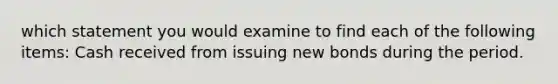 which statement you would examine to find each of the following items: Cash received from issuing new bonds during the period.